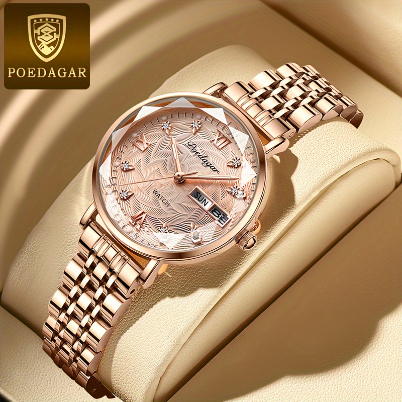 

Poedagar Women's Luxury Rhinestone Quartz Watch Elegant Luminous Fashion Calendar Analog Stainless Steel Wrist Watch Date Watch