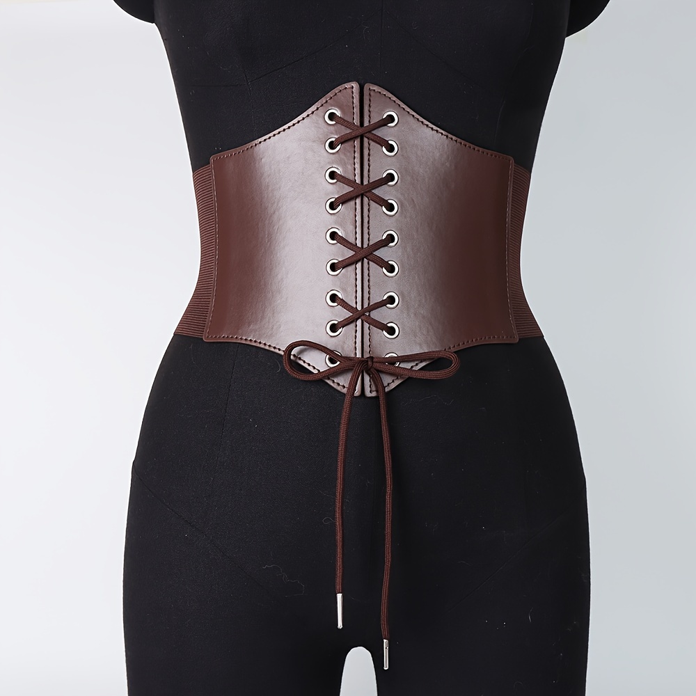 Vintage Lace Up Corset Belt Brown PU Waspie Waistband Classic Dress Coat  Girdle For Women