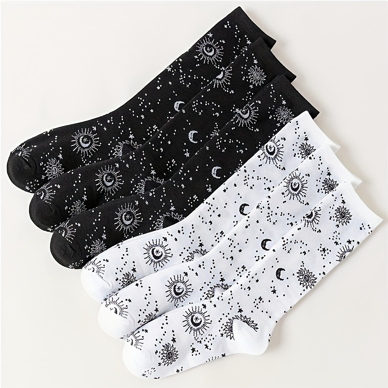 

6 Pairs Moon & Sun Print Socks, Comfy & Breathable Halloween Mid Tube Socks, Women's Stockings & Hosiery