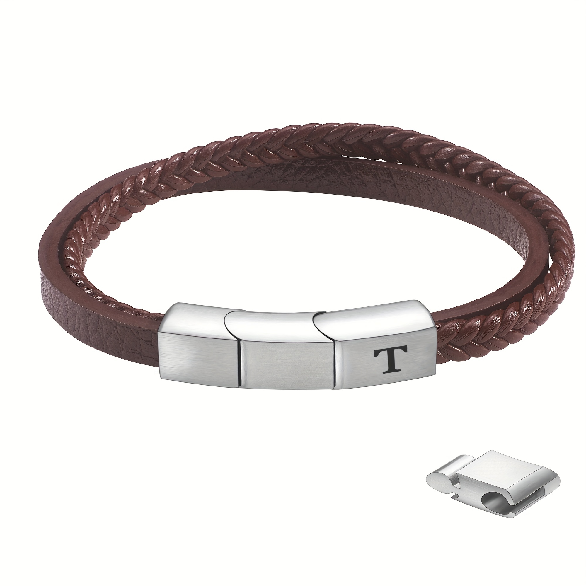 Mens Double Layer Braided Leather Bracelet With Adjustable