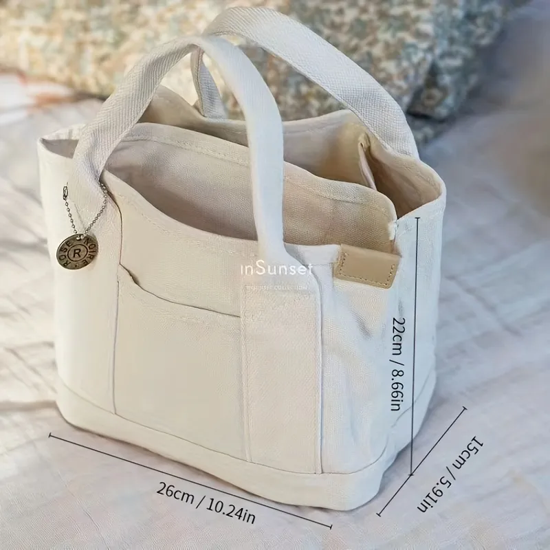 White Canvas Shoulder Tote, Cotton Purse, Multi Pockets Bag, Detachable  Crossbody Strap, Streetwear Casual Bag, Messenger Bag, Daily Day Bag