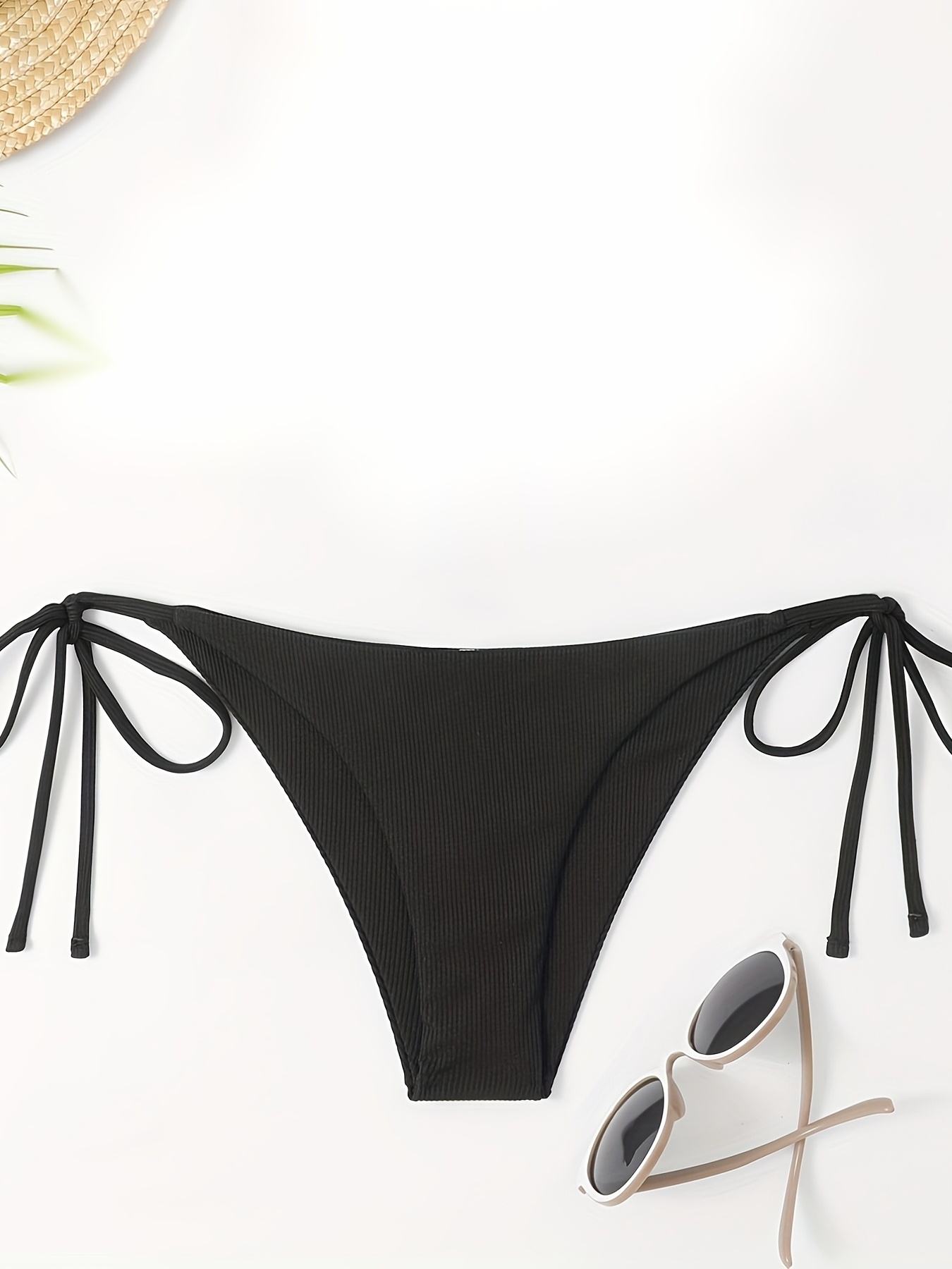 Rib Knit Tie Side Black Bikini Bottoms High Cut Solid Color - Temu