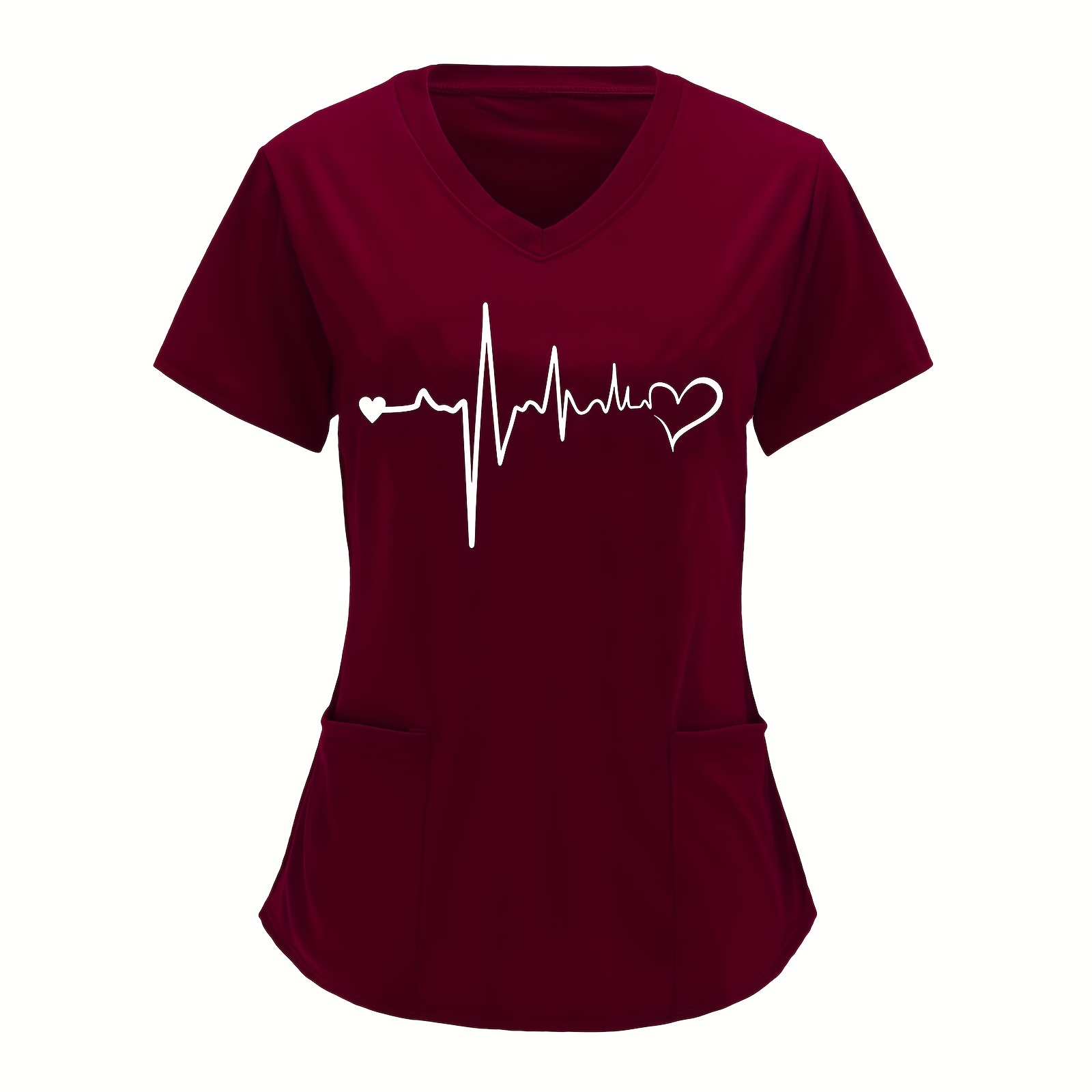 Image of Women's Stretch Summer European And Elegant Casual V-neck Heartbeat Heart Print Short Sleeve Nursing Uniform
