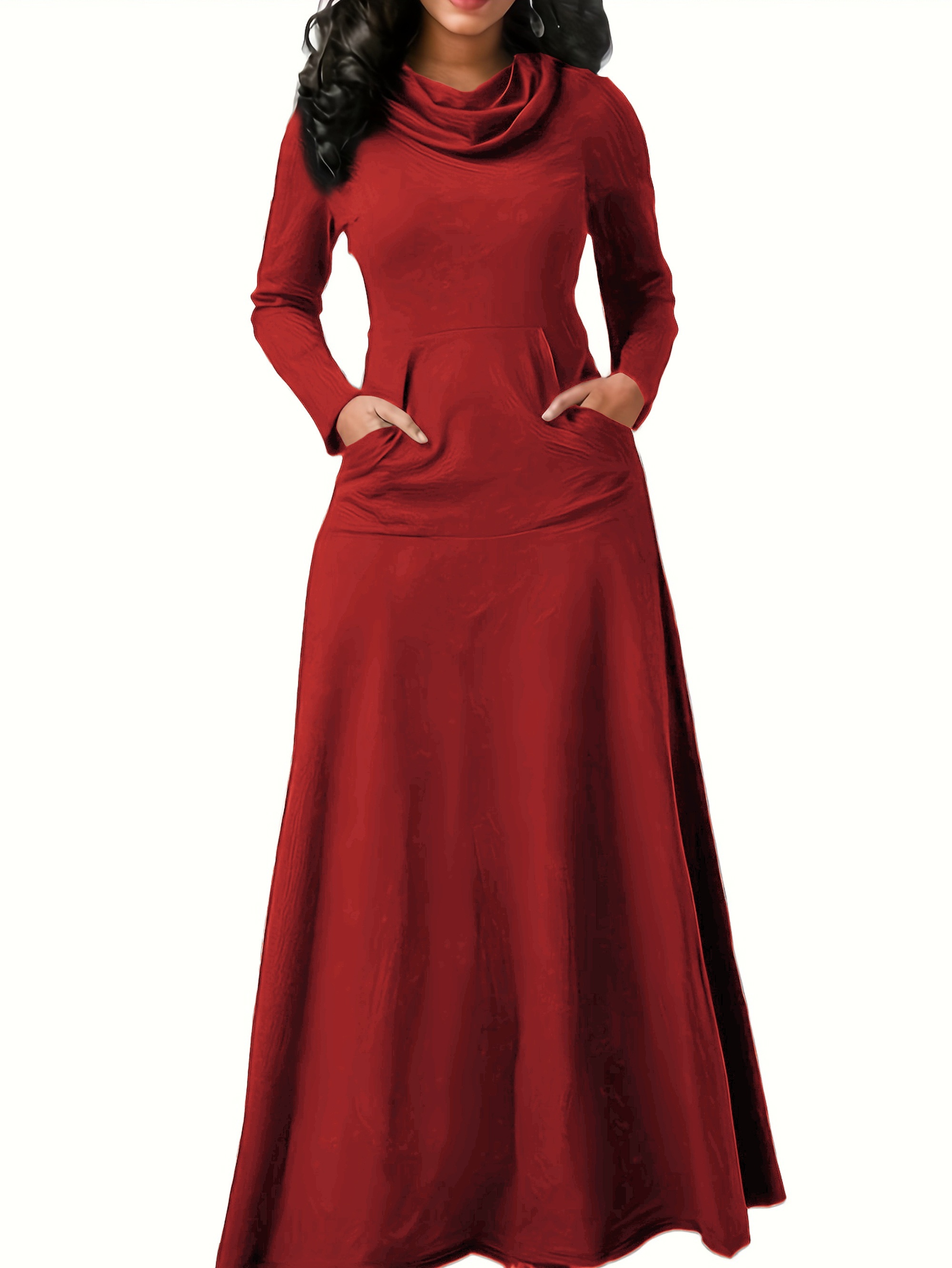Повседневное платье больших размеров, женское однотонное платье макси с длинными рукавами и высоким эластичным воротником с карманами