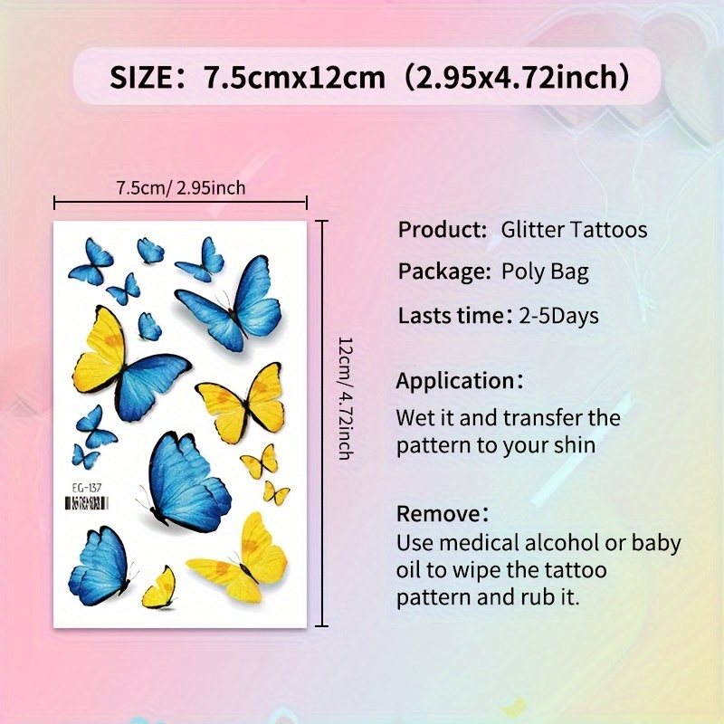 20 Sheets Butterflies Tattoos Waterproof Sticker Fake Butterfly Transfer  Stickers Woman 