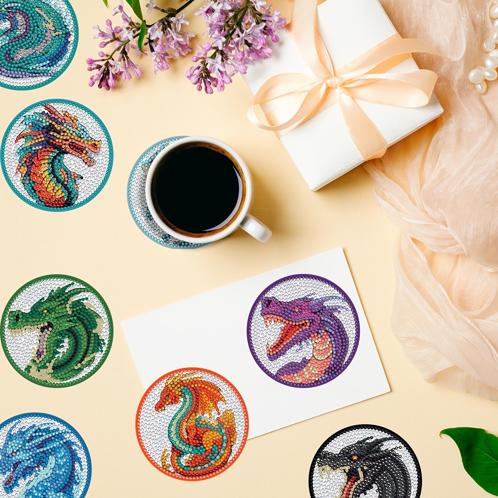 Diy Diamond Painting Coaster Set Dragon Diamond Art Mosaic Temu