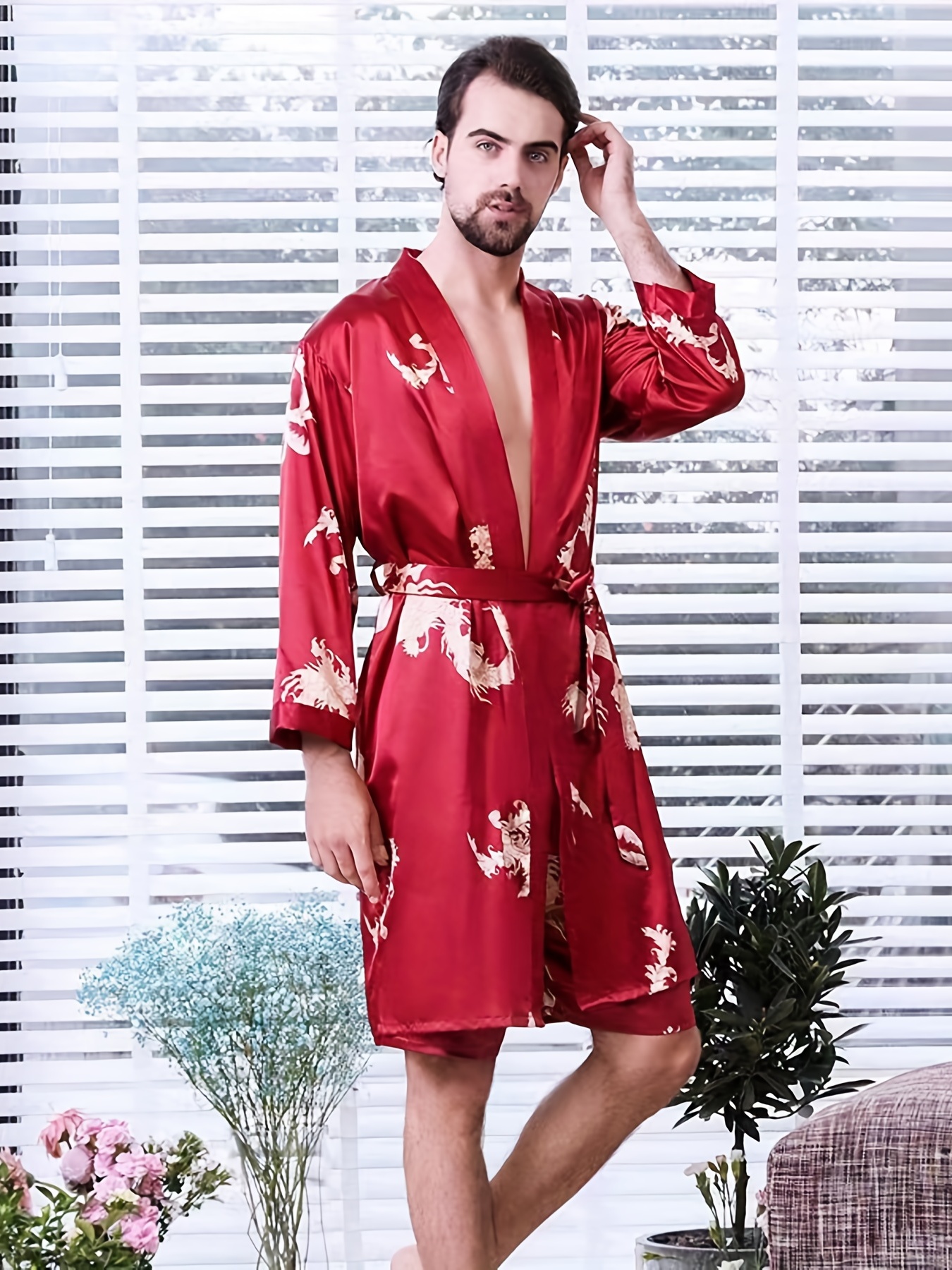 Men's Satin Floral Print Belted Sleep Robe, Imitation Silk Printed  Long-sleeved V-neck Pajamas Home Robe Bathrobe - Temu Germany