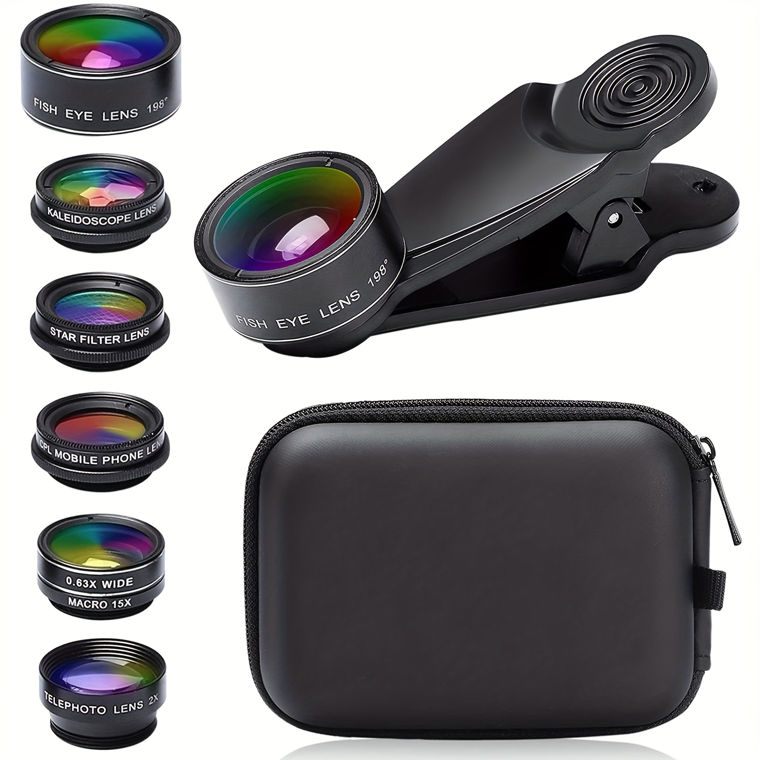 

7 In 1 Phone Camera Lens Kit-198° Fisheye Lens+ 15x Macro Lens+ 0.63x Wide Angle Lens+ Long Focal Lens 2x+ Cpl+ Kaleidoscope+starburst+, Clip-on Camera Lens For Iphone 11/12/13, For Samsung/android
