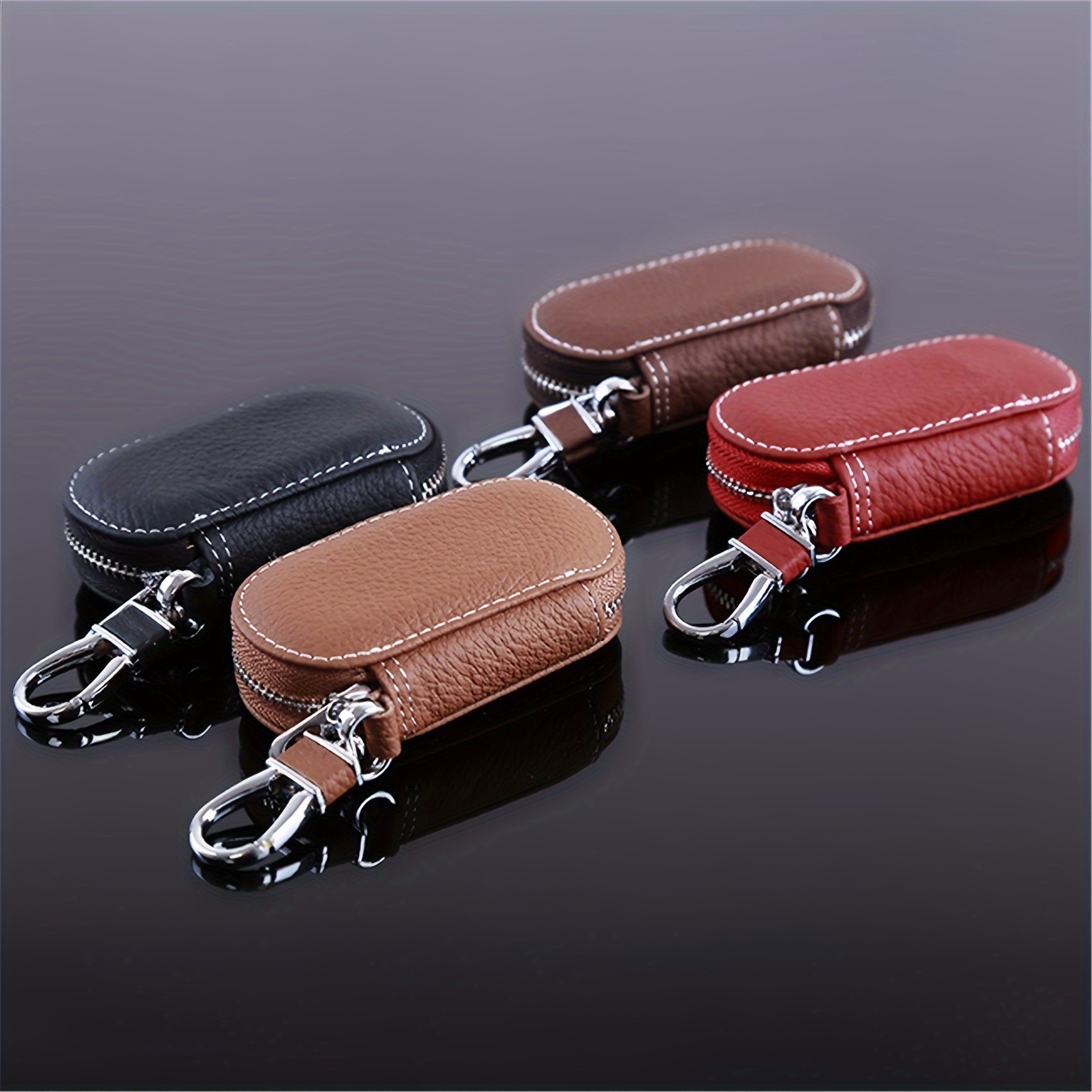 2pcs Car Key Case Double-Deck Faux Leather Purse Key Bag, Keychain Card Holder, Keyring Zipper Bag,Temu