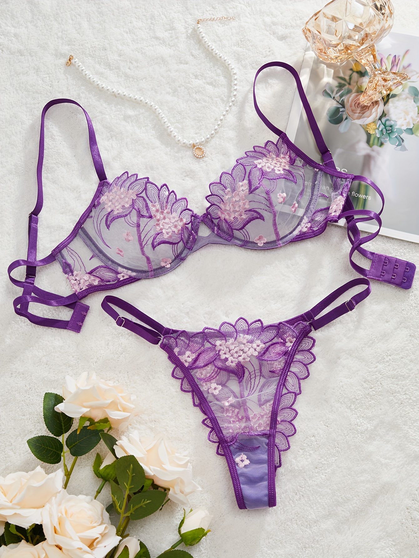 Plant Embroidery Lingerie Set Mesh Unlined Bra Thong Women's