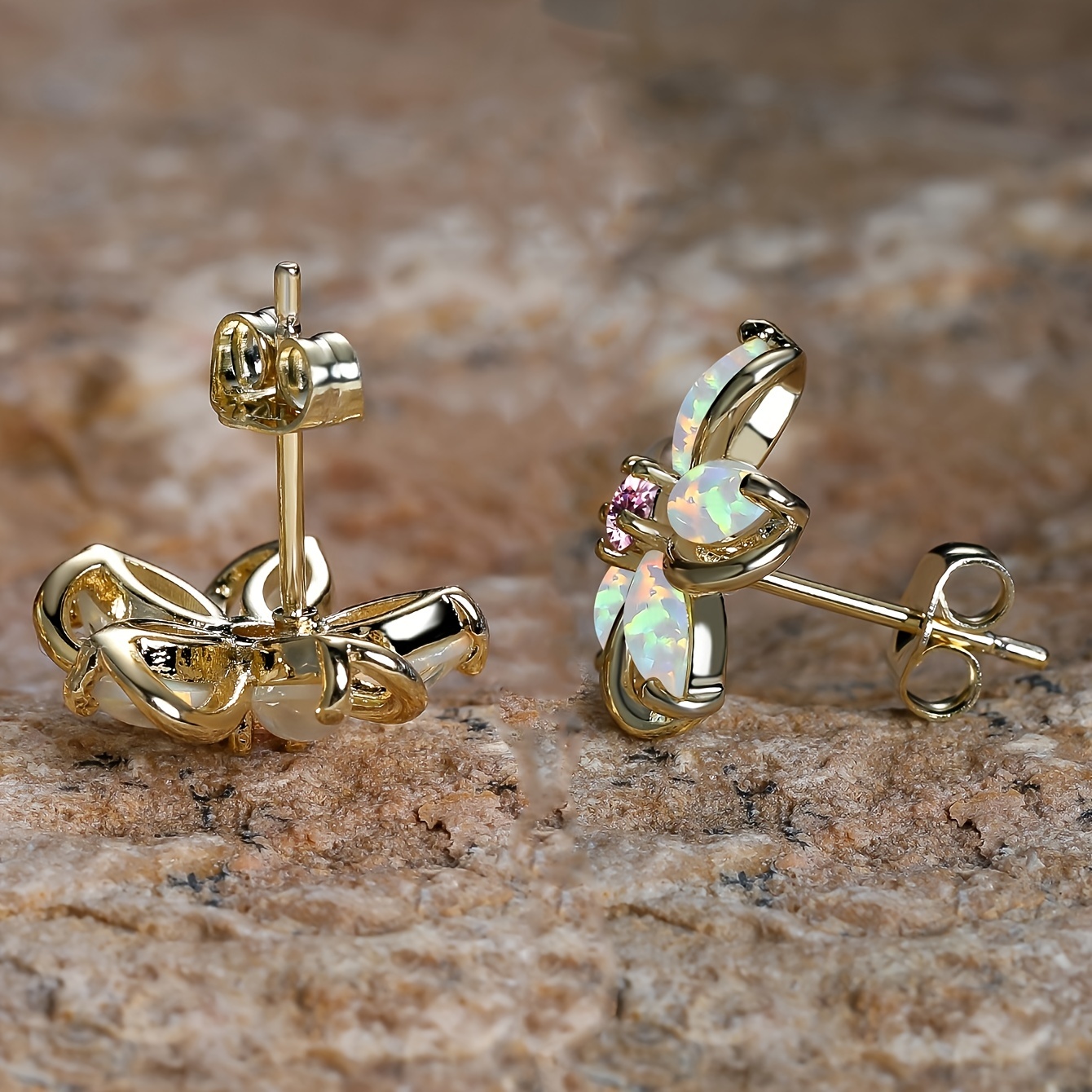 Opulent Flower Shaped Stud Earrings with Synthetic Opal