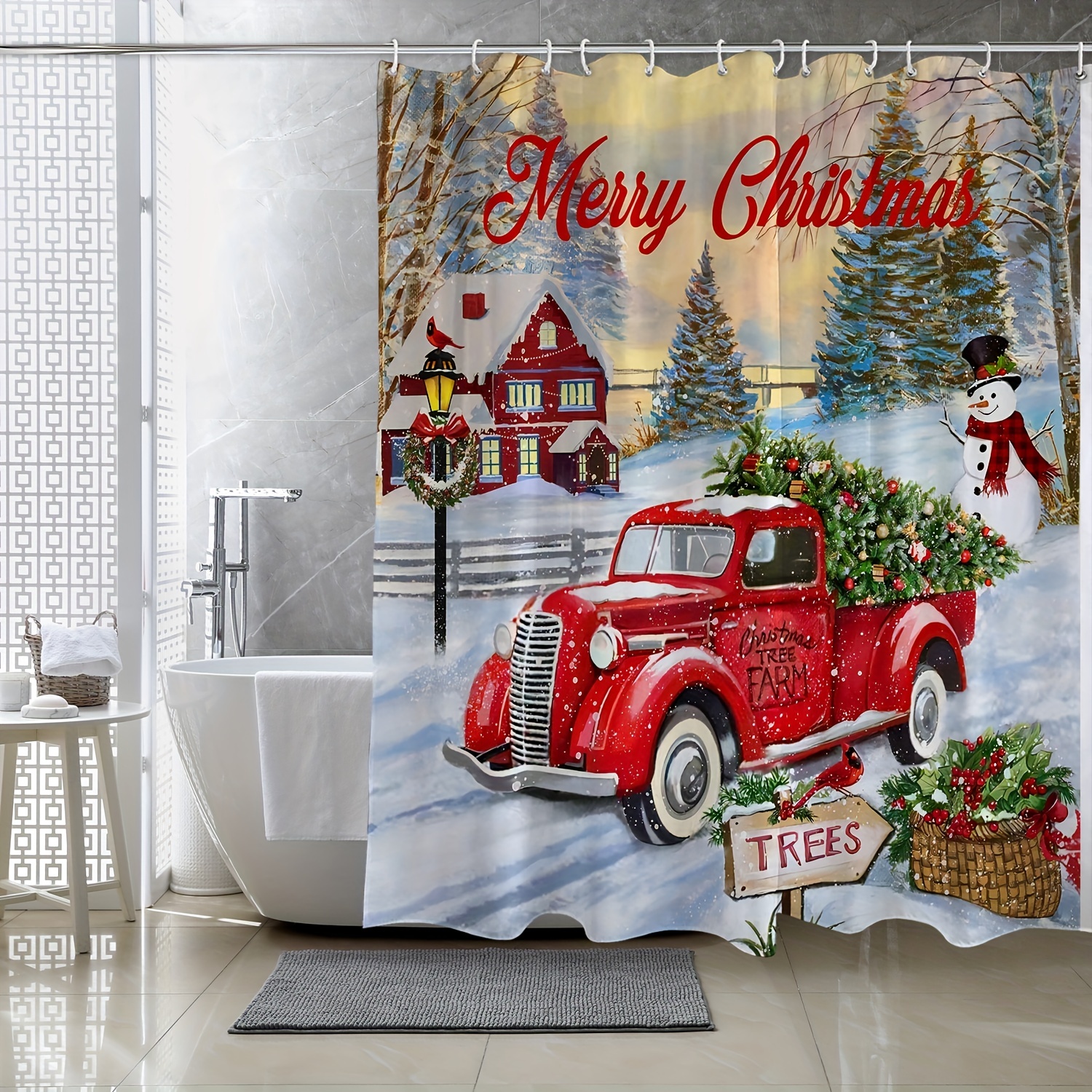 Red Truck Christmas Shower Curtain Set: Waterproof Curtains with Hooks