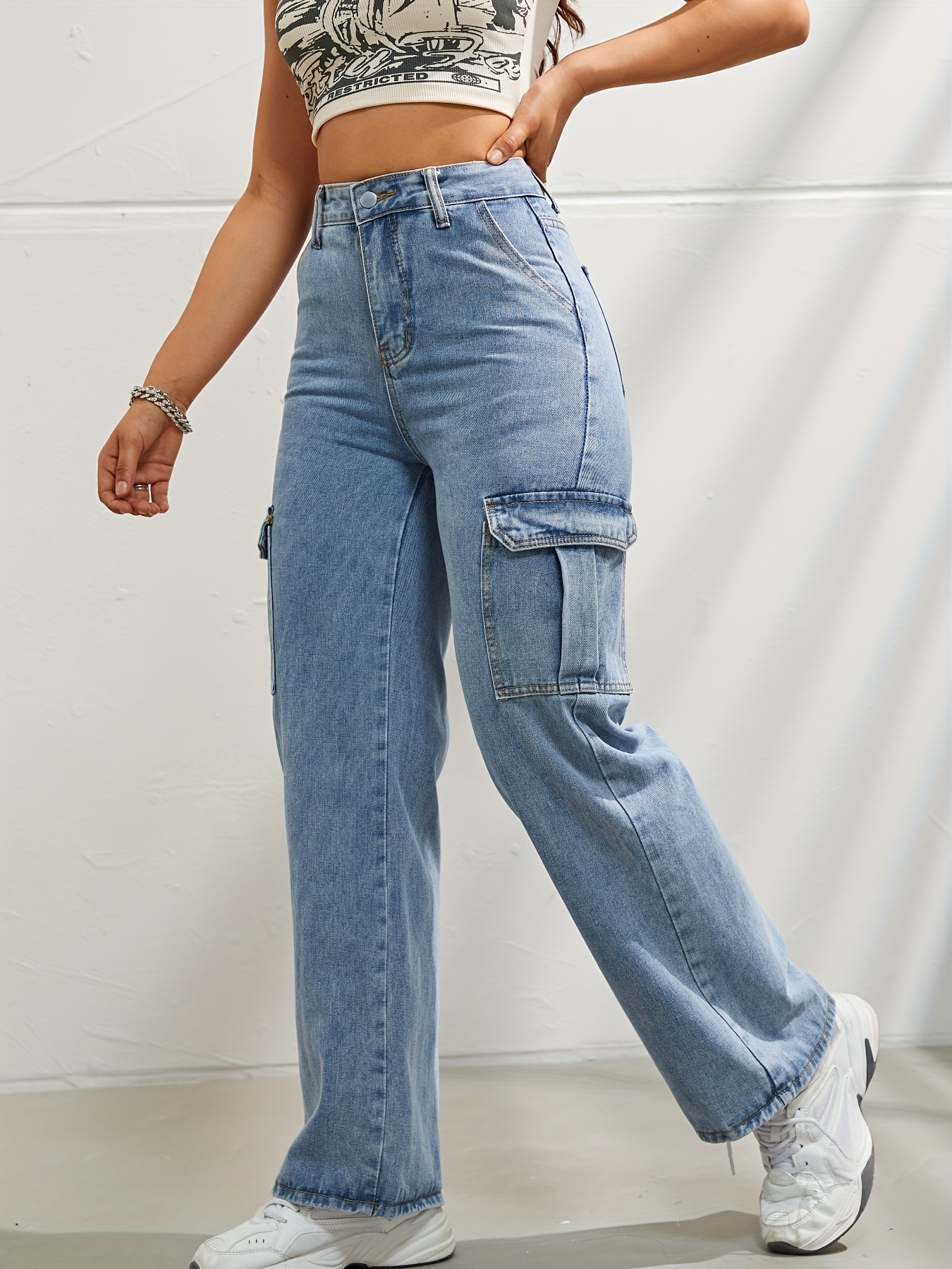 Womens High Waist Baggy Jeans Side Pocket Denim Pants Cargo Pants Boyfriend  Trousers Y2K Streetwear 