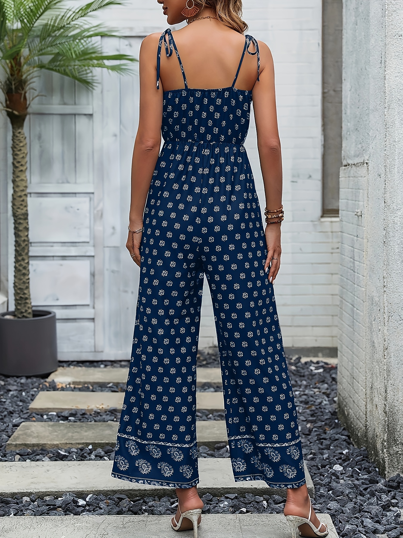 Floral Print Lace Up Wide Leg Jumpsuit