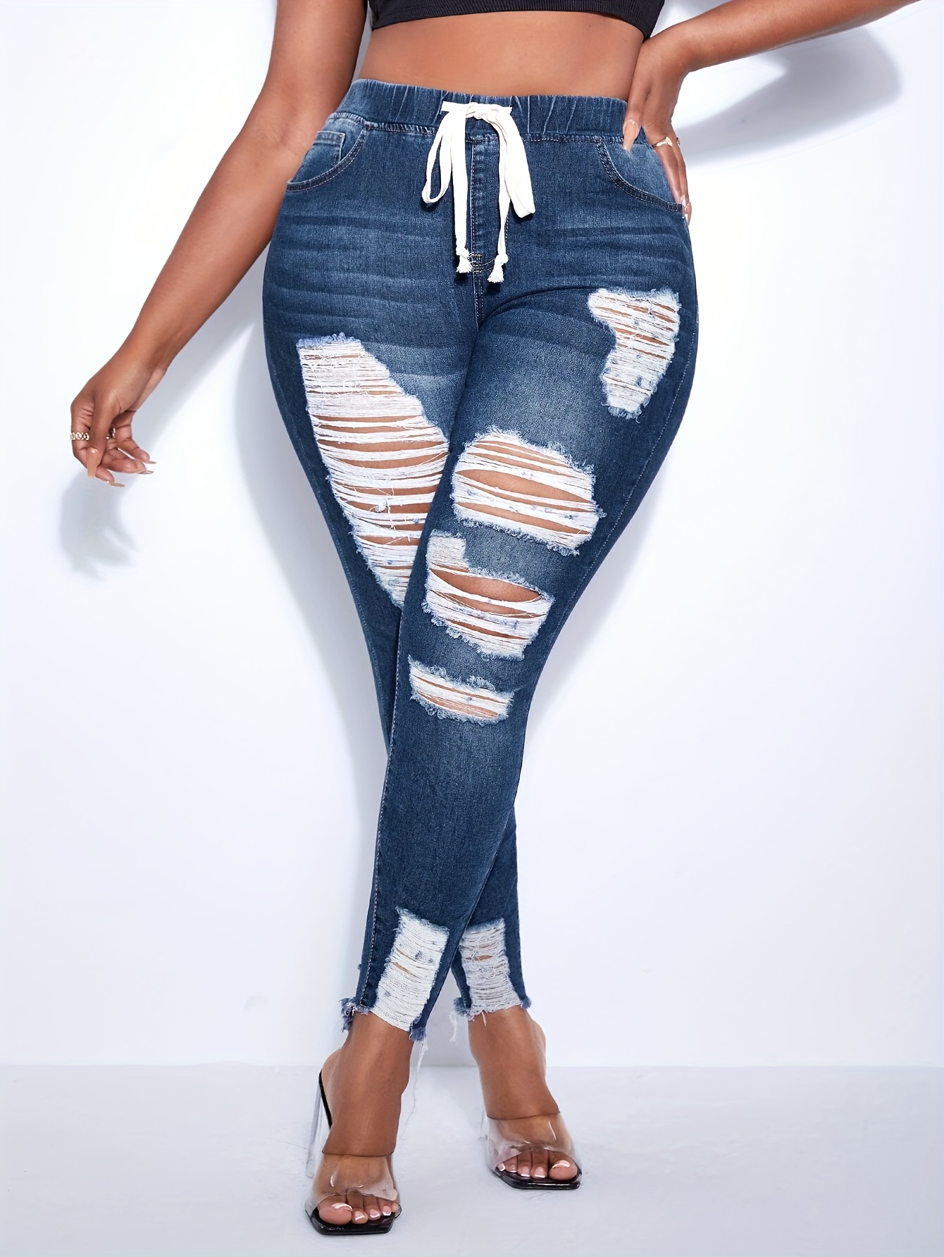 Plus Size Casual Jeans, Women's Plus Ripped Tie Elastic Waist High Stretch  Skinny Denim Pants