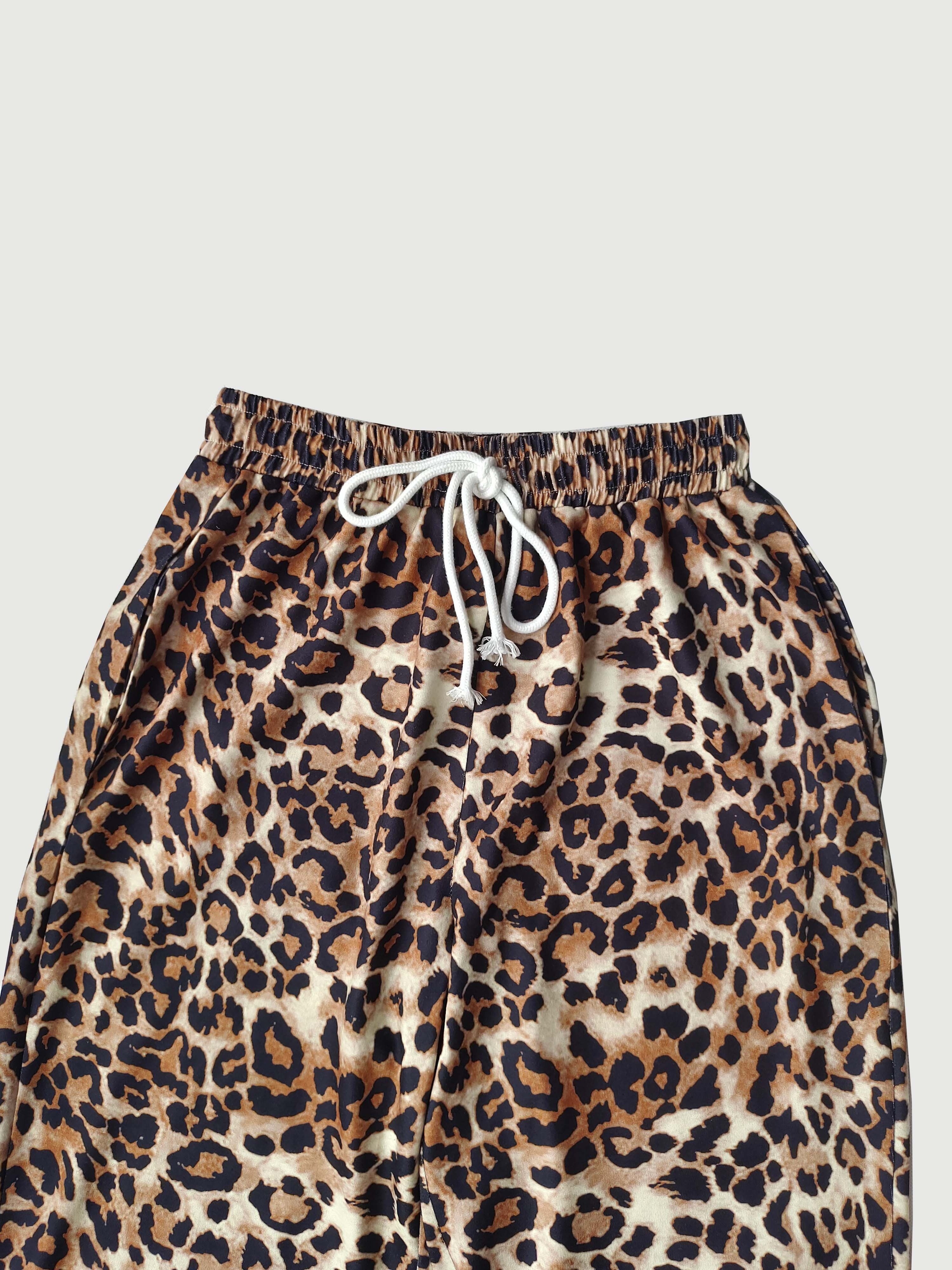 Women Drawstring Elastic Waist Trousers Casual Leopard Printed Pants