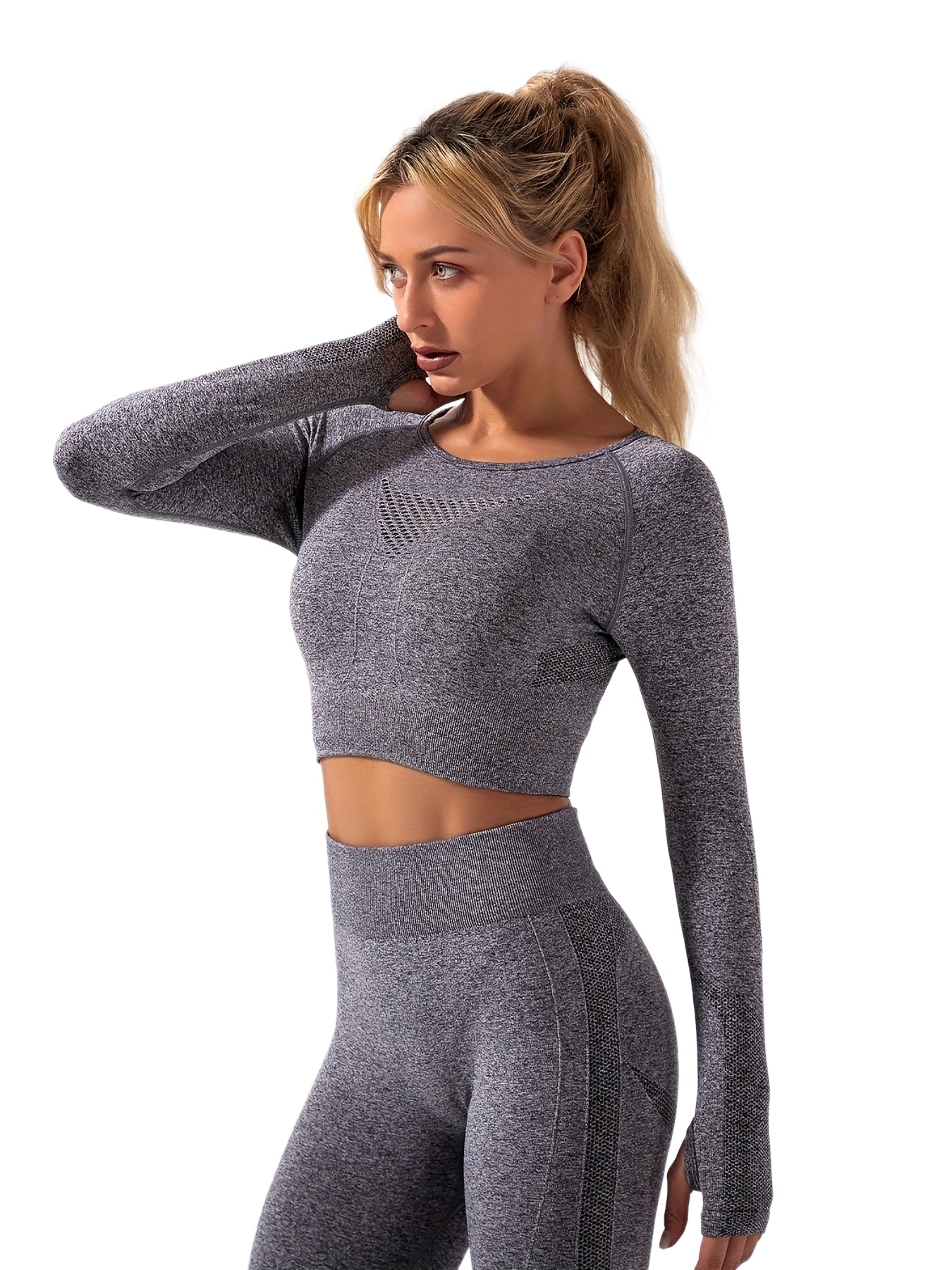 Yoga Outfits for Women 2 Piece Workout Sets Seamless Long Sleeve Crop Tops  Shirt with Thumb