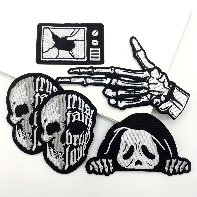 Black And White Iron On Patches On Clothes Punk Skull Patches On Jeans  Clothes Heart Embroidery Patch DIY Applique Badge Sticker