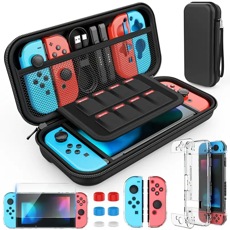 switch case compatible with nintendo switch 9 in 1 switch accessories with 8 pouch carrying case pc protective cover case hd switch screen protector and 6 pack thumb grips caps details 1