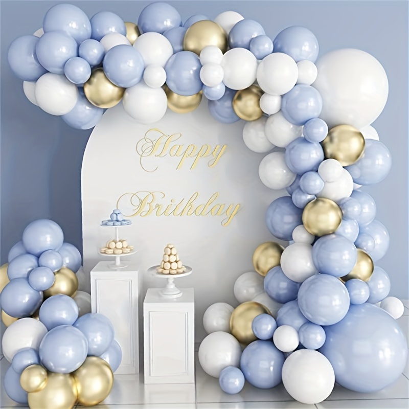 105 piezas, 12,7/25,4/45,72 cm Guirnalda de arco de globos de látex azul,  blanco y dorado para fiesta de cumpleaños, revelación de género, decoracione