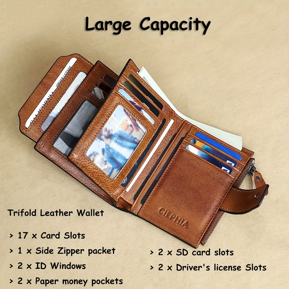 Vintage Men's Genuine Leather Wallet Rfid Anti-theft Brush Trifold Short  Multifunction Money Clip Large Capacity Credit Card Holder Zipper Coin Purse  Give Gifts To Men On Valentine's Day - Temu