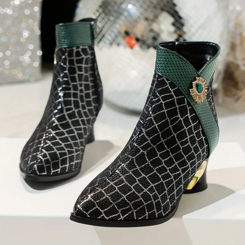 Women's Plaid Pattern Chunky Heel Boots, Fashion Rhinestone Decor Side  Zipper Boots, Stylish Ankle Boots - Temu Ireland