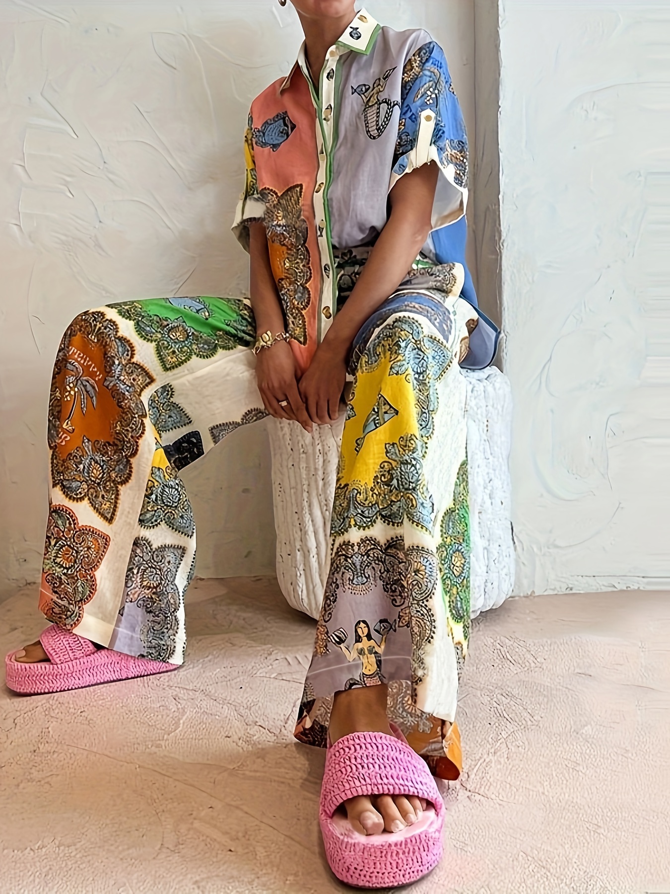 Elegant Matching Two piece Set Allover Print Shirt Wide Leg - Temu Canada