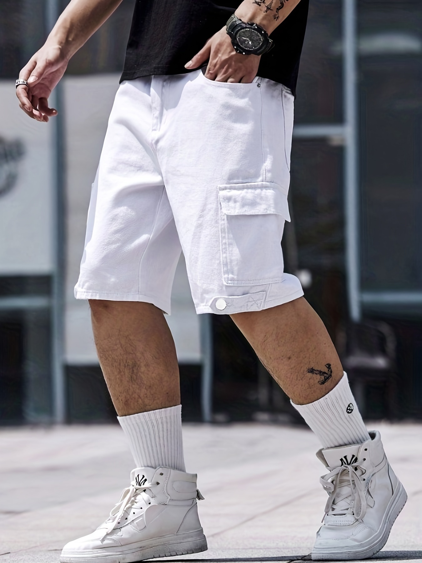 Summer Mens Casual Denim Shorts Fashion Multi-pocket Solid Color