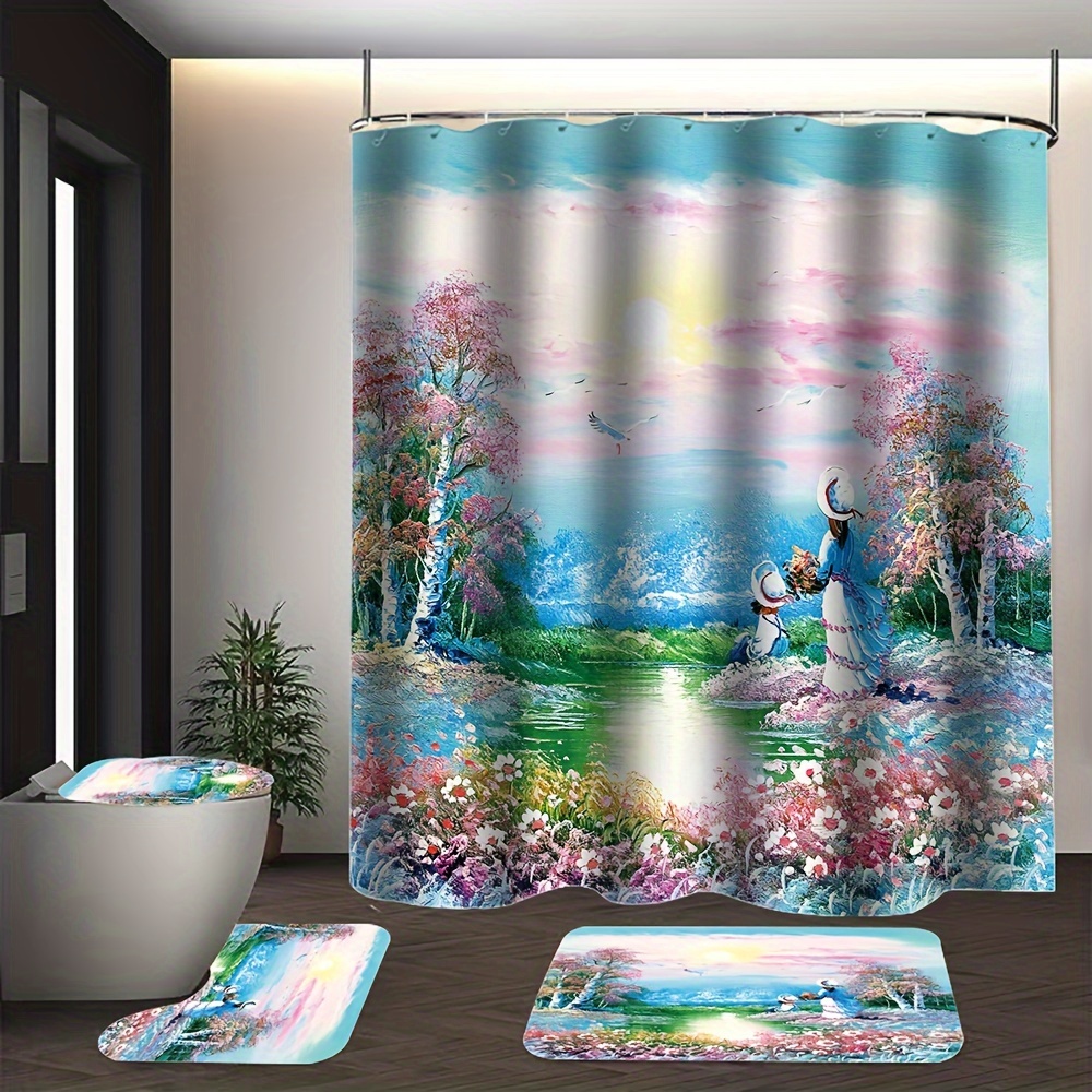 4pcs Landscape Print Shower Curtain Set, Bathroom Rug, U-Shape Mat, Toilet  Lid Pad, Waterproof Curtain Including 12 Hooks, 70.8x70.8/180x180cm, Aesth