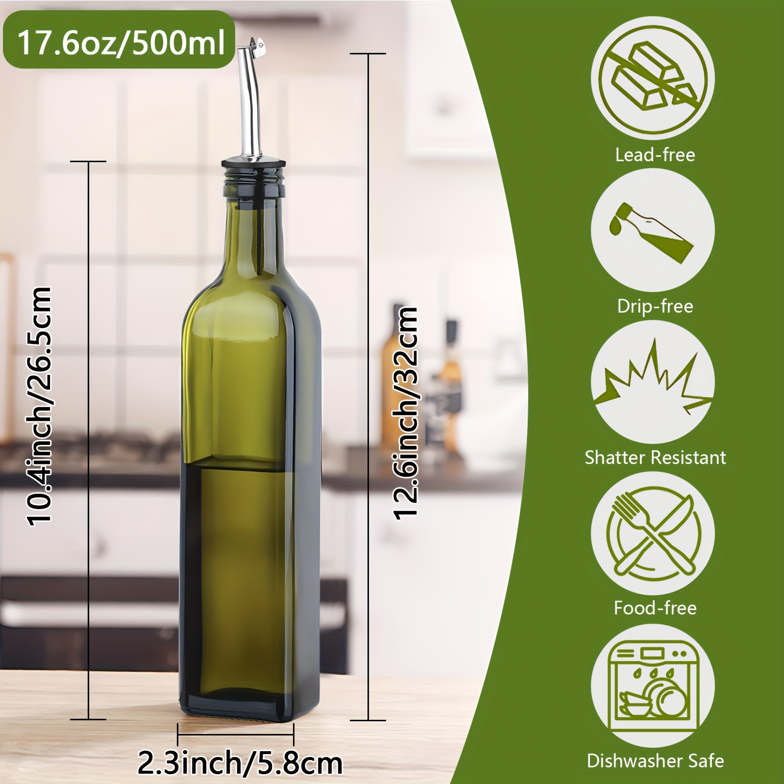 Distributeur De Bouteilles D'huile D'olive En Verre 2 Pièces, 17 Oz/500 Ml,  Burette D'huile Et De Vinaigre Vert Avec Verseurs, Entonnoir, Étiquettes