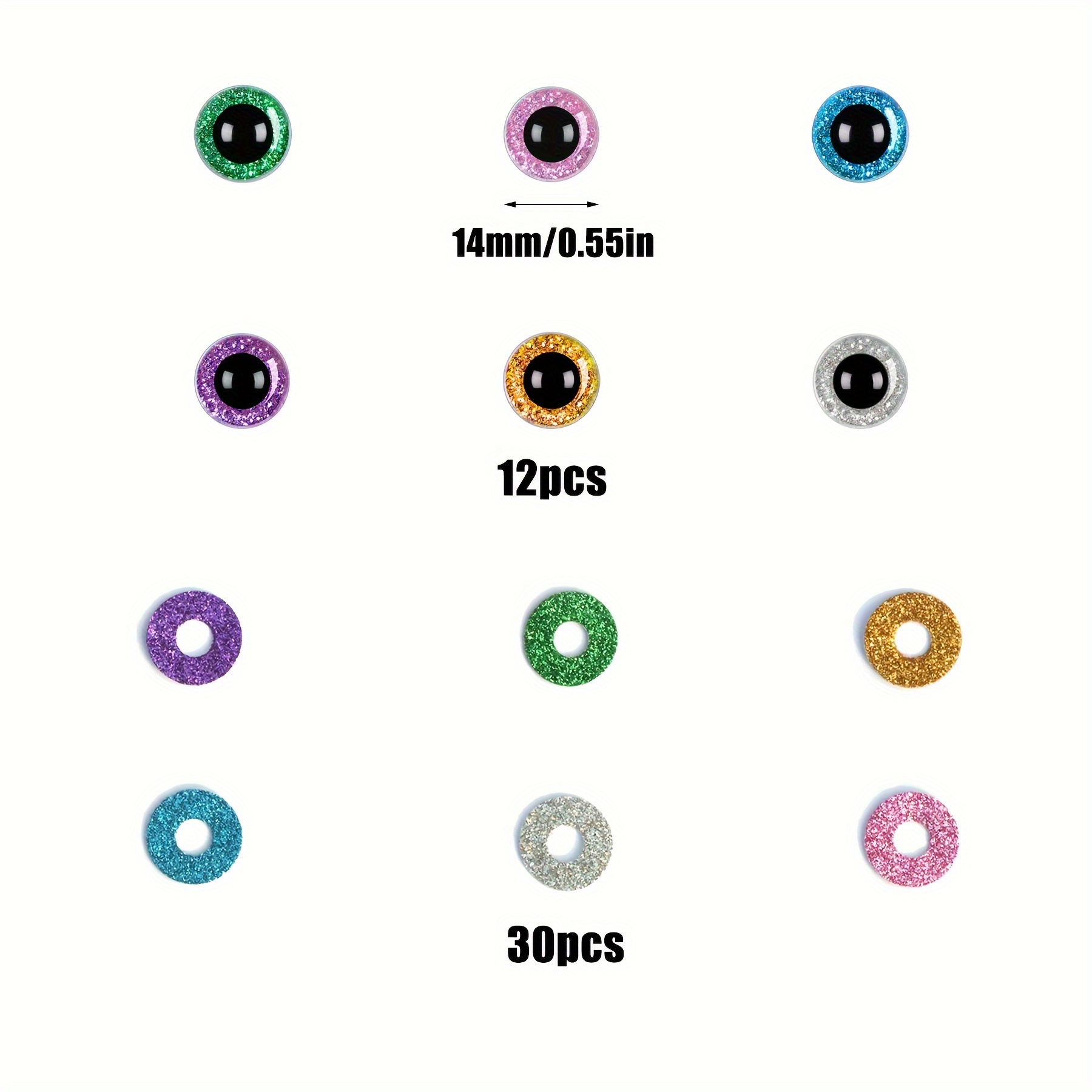 Assorted Glitter Safety Eyes 14-30mm With Washers - Colorful Plastic Craft Eyes For Stuffed Animals, , Puppets & Diy Toys