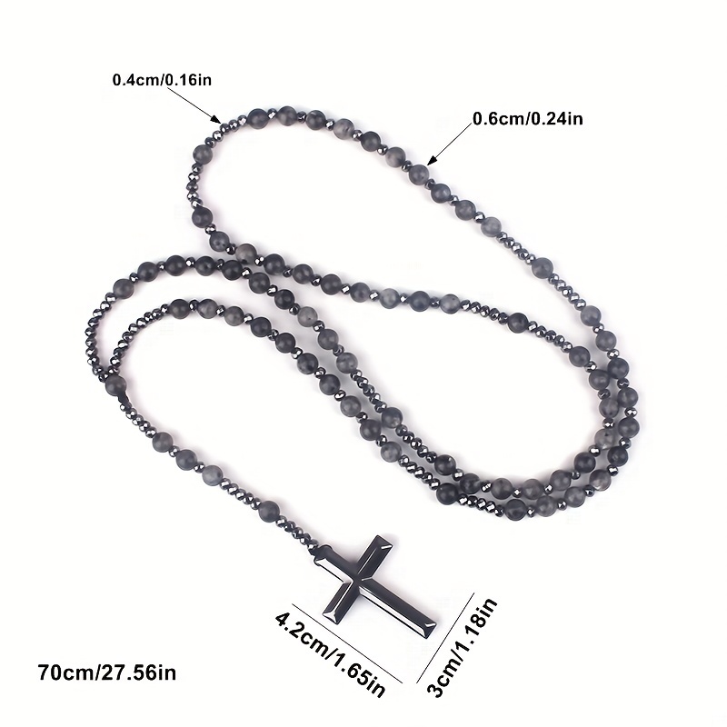 Men's Natural Stone Tiger Eye Lapis Glitter Bead Cross Pendant Necklace