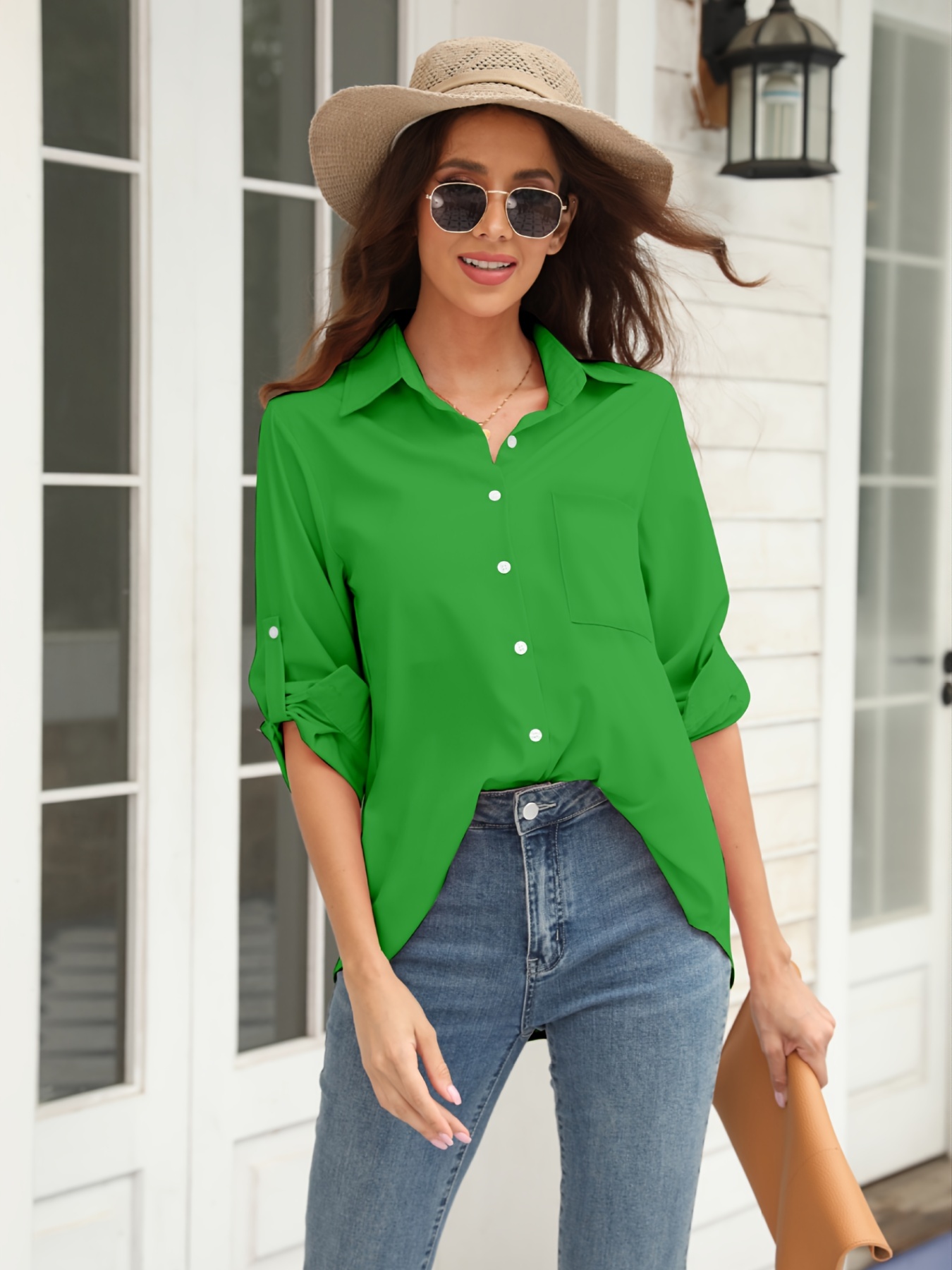 Women Solid Color Turn-Down Collar Short Shirt Loose Simple Ladies