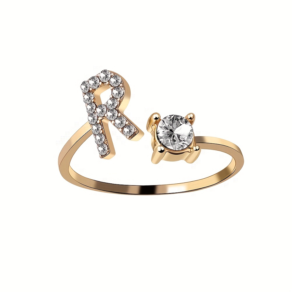 Golden 26 Letters Rings Zircon Rhinestone Studded Open - Temu