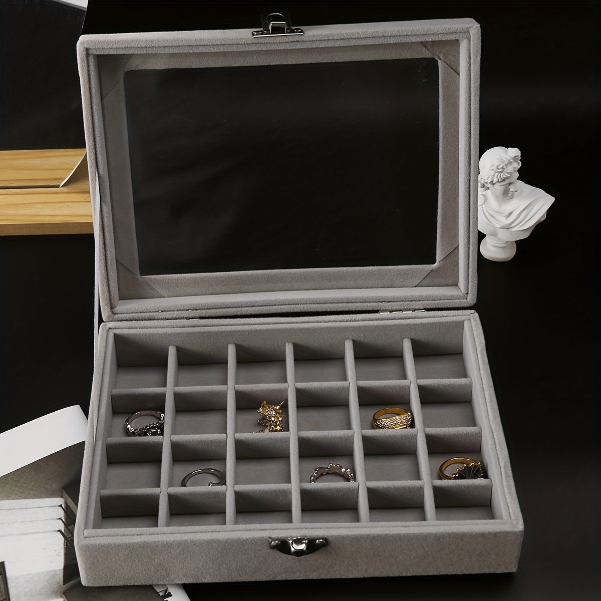 LANTWOO 24 Grids Velvet Glass Ring Earrings Jewelry Box Earrings Organizer  Storage Holder Display Case (Black) 