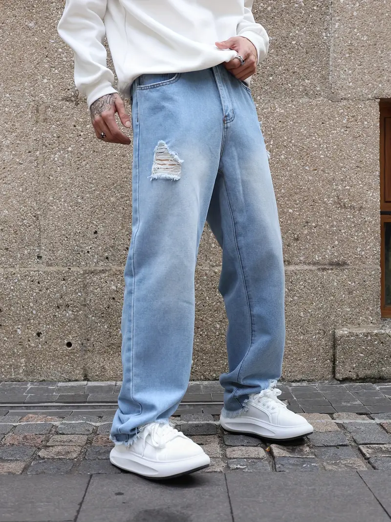 Jeans de mezclilla de pierna ancha suelta de estilo callejero para hombres,  tendencia de moda, estilo Y2K, se puede combinar con joyería de cadena