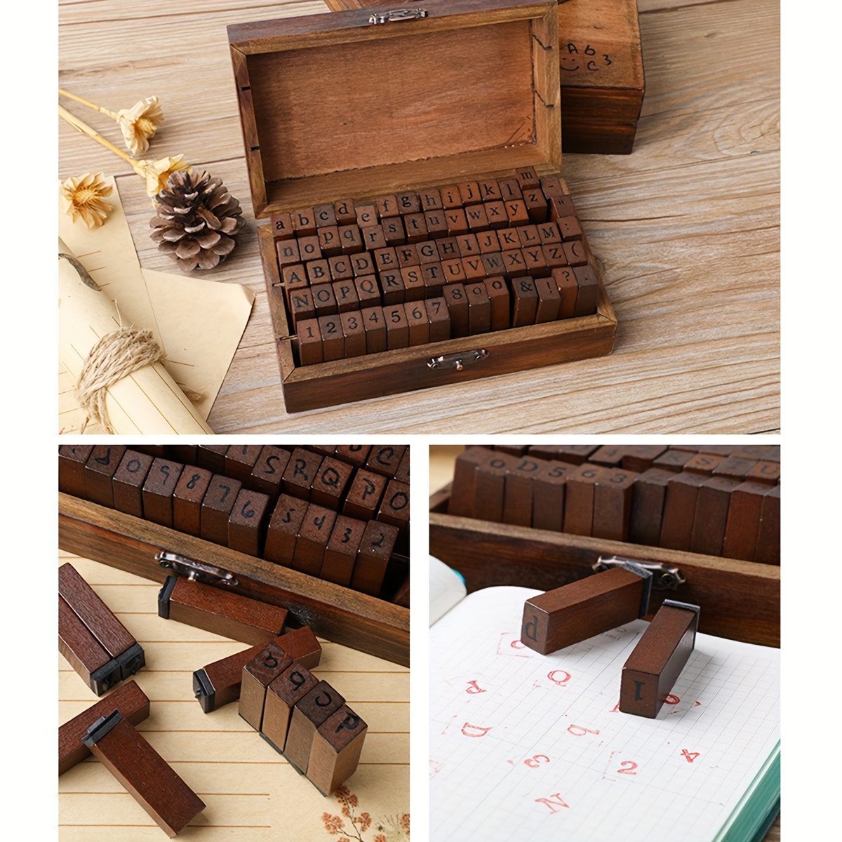 Sellos de letras del alfabeto de madera, caja de madera, álbum