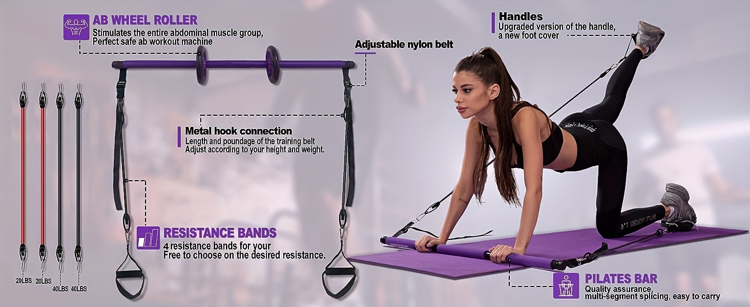  SquadFit Pilates Bar Kit with Resistance Bands for Working Out  and Ab Roller Wheel Exercise Equipment