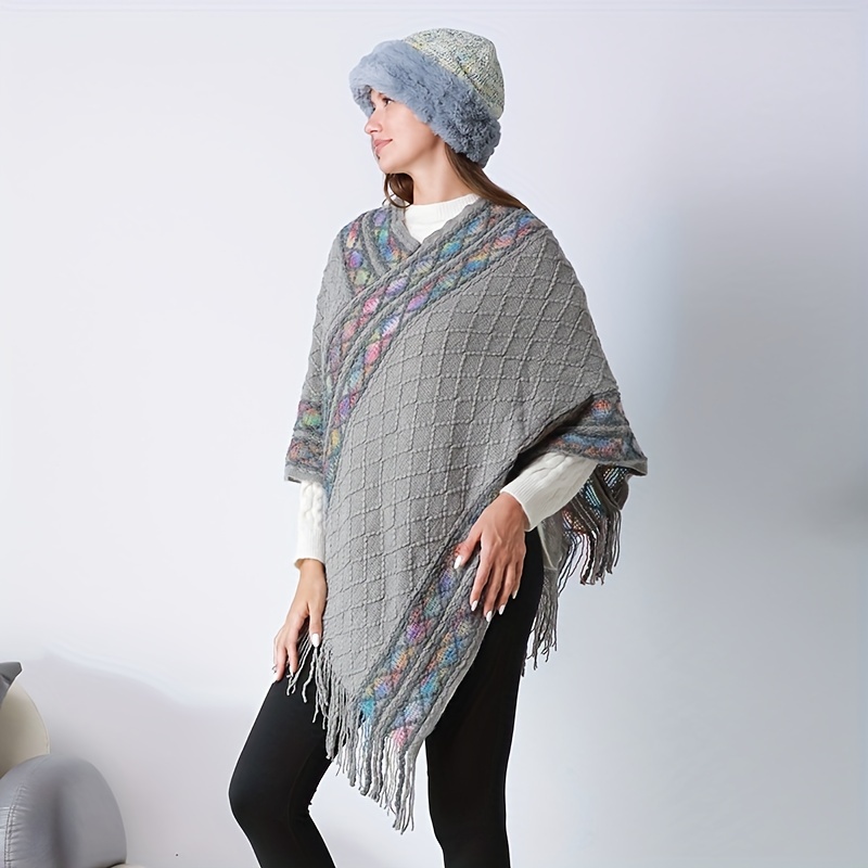 Boho Pullover Poncho Vintage Striped Tassel Shawl Cape Casual Travel  Windproof Warm Knit Wrap Shawl - Main Image