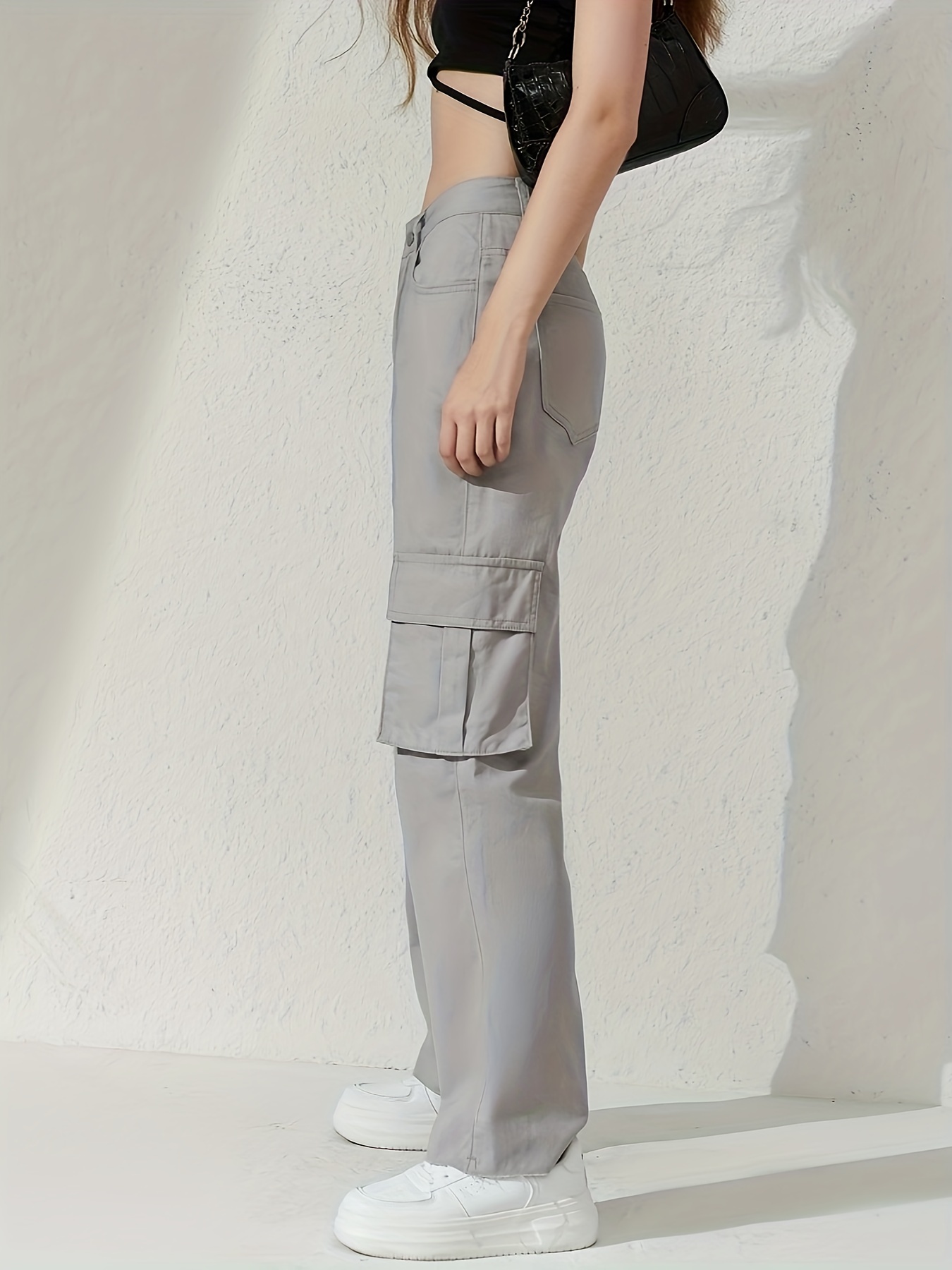 Plain Flap Pockets Cargo Pants Loose Fit Non stretch Y2k - Temu