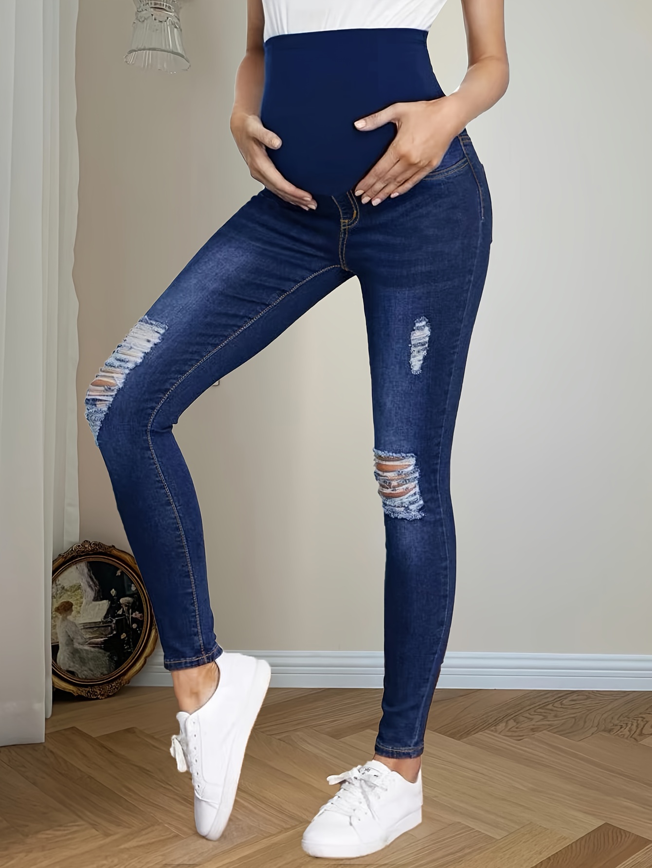 Calça Jeans Rasgada Sólida Para Maternidade Feminina, Moda Casual Slim Fit  Calça Jeans Outono Inverno, Roupas Femininas Grávidas