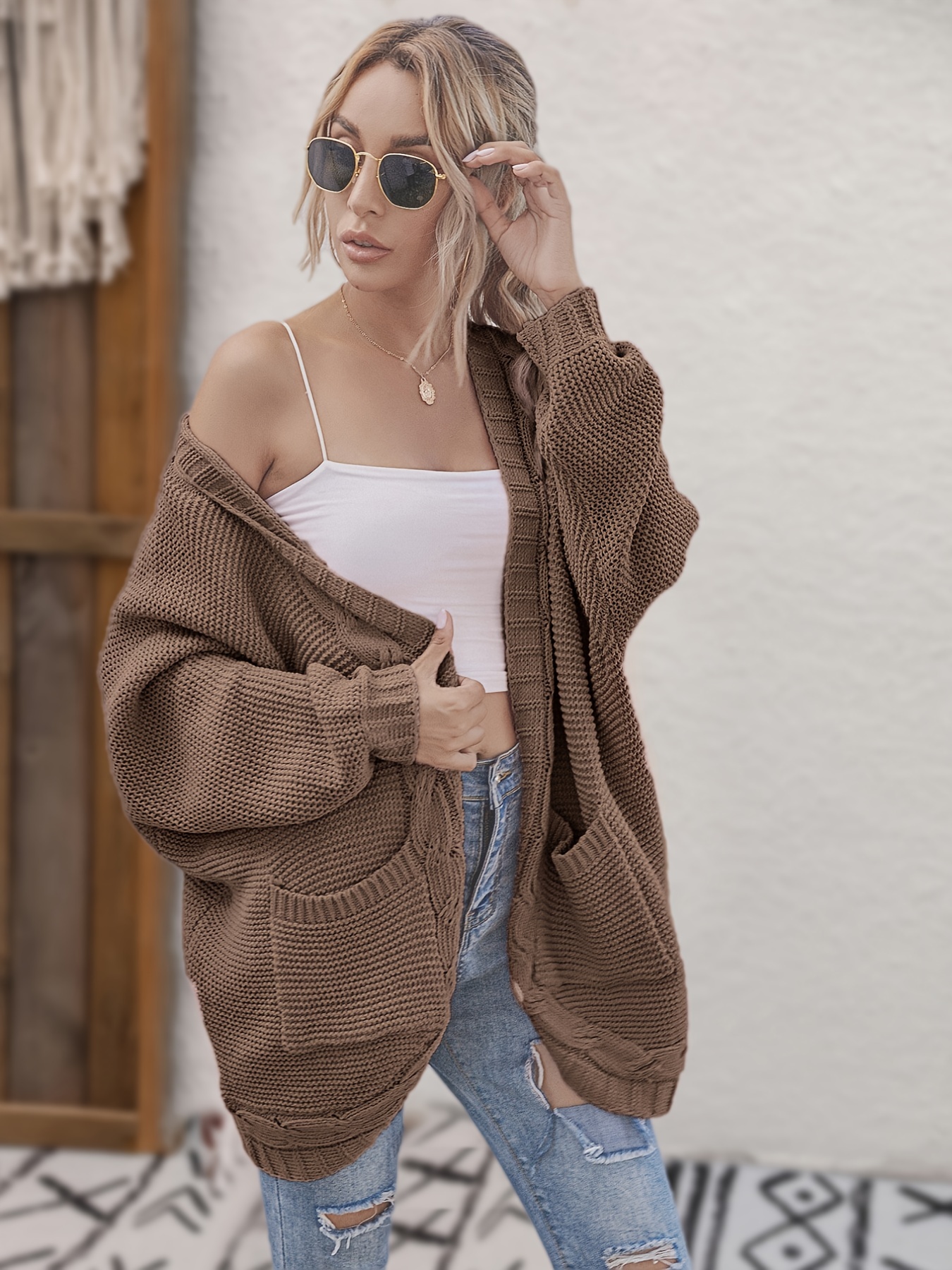 Solid V-Neck Drop Shoulder Cardigan, Women's Long Loose Cable Long Cardigans Casual Long Sleeve Fall Winter Women's Clothing Knit Cardigan,Temu