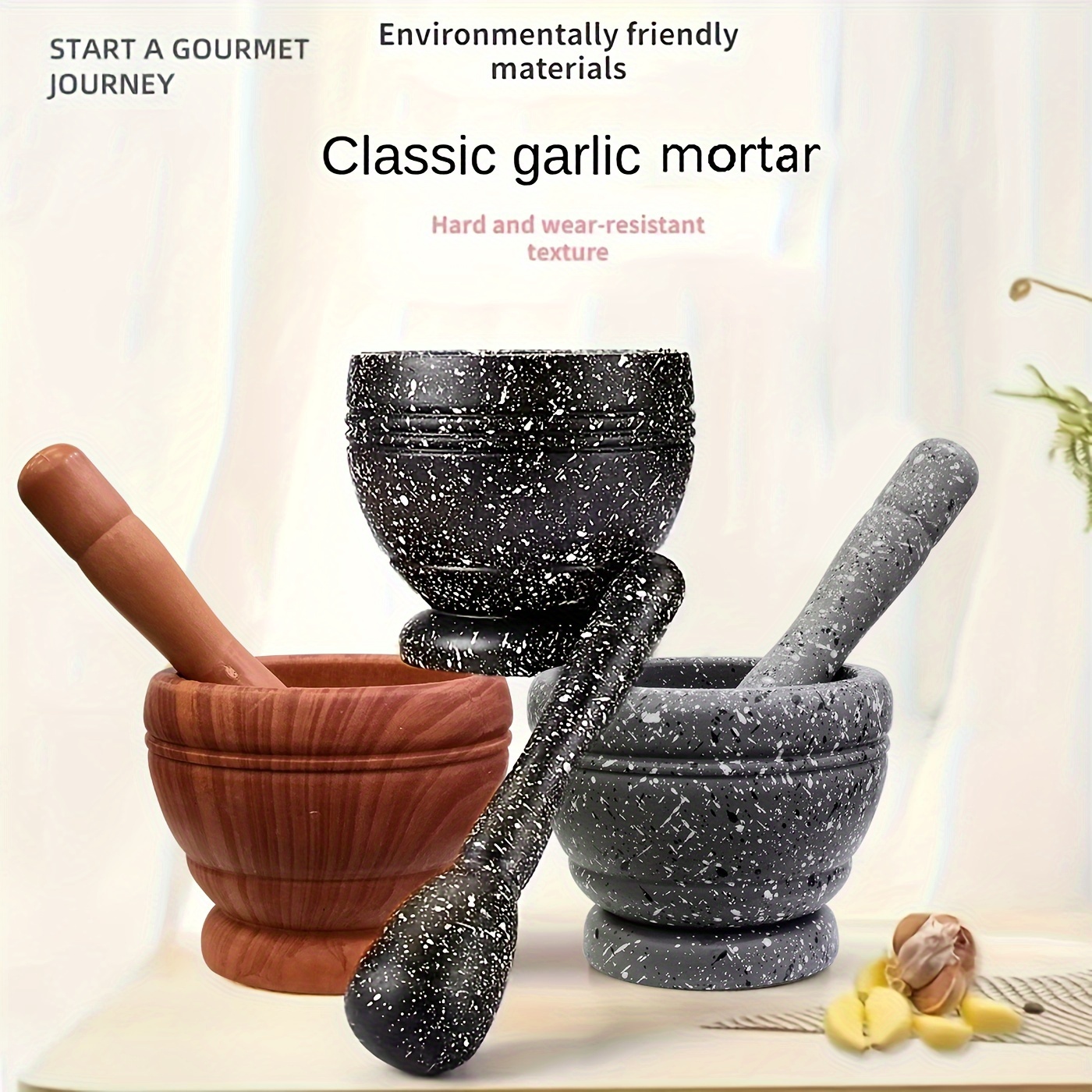 1 Set Granite Texture Garlic Press & Mortar And Pestle Set
