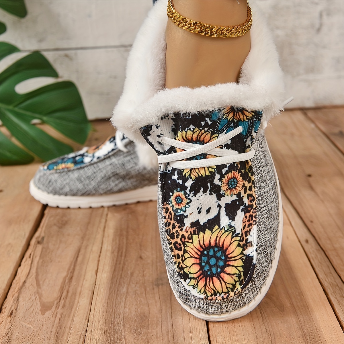 womens sunflower cow pattern short boots casual lace up plush lined boots comfortable walking shoes details 2