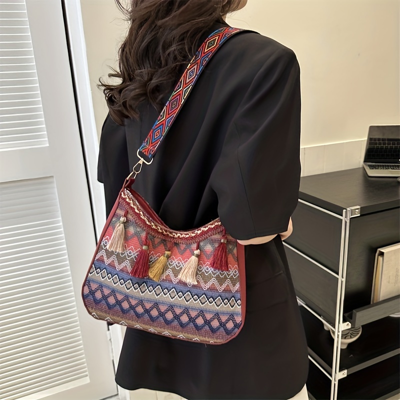 Ethnic Style Fabric Crossbody Bag, Boho Stripes Pattern Shoulder