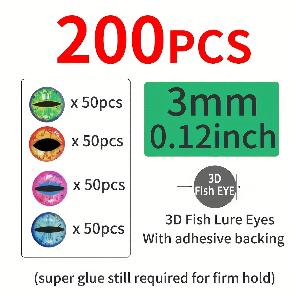 200pcs 0.3cm~1.2cm 3D Fish Eyes, Realistic Fishing Lure Eyes, Materials For  Kabura Slider Jigs Crankbait Popper Saltwater Streamer Fly