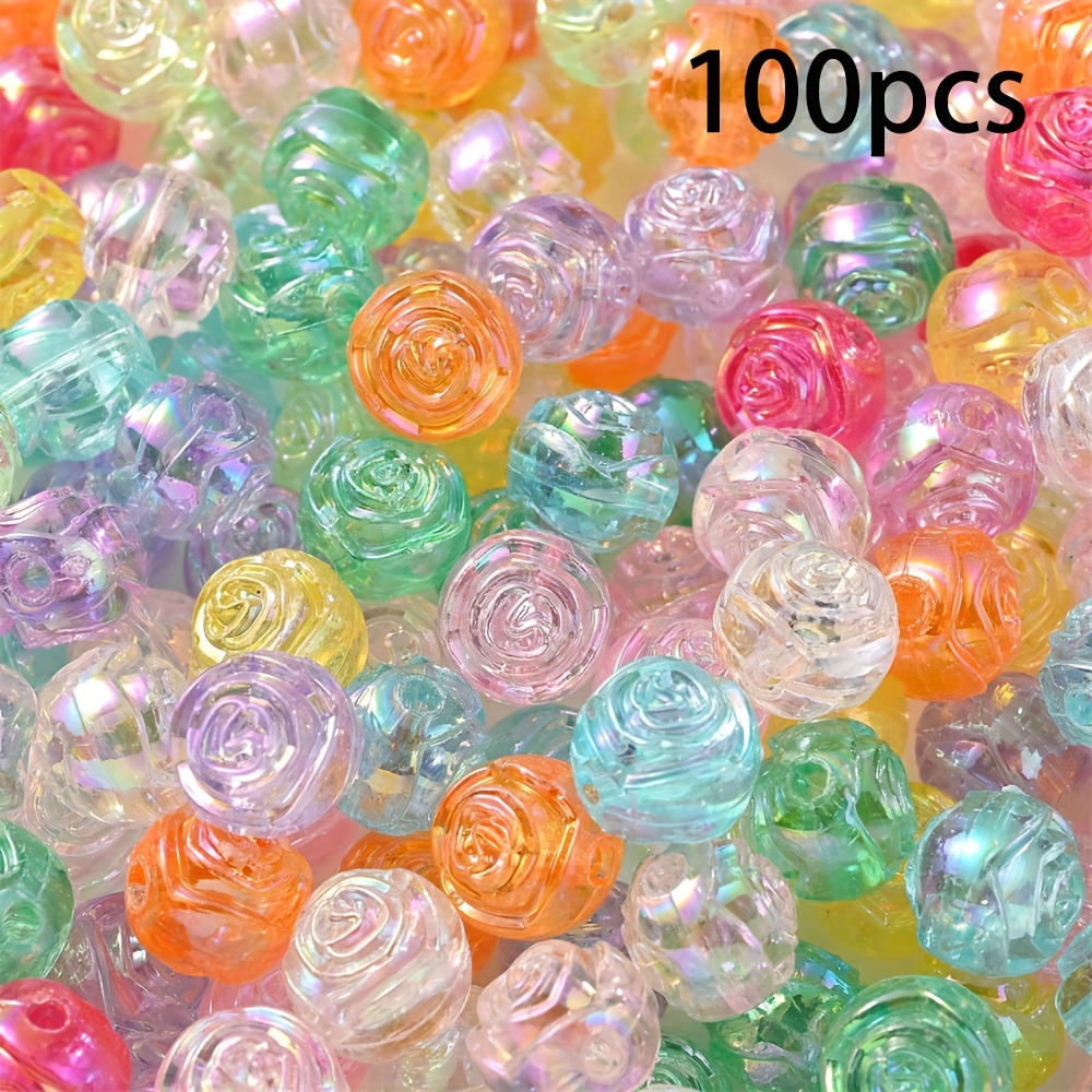 Image of 100pcs Rose Flower Acrylic Beads Random Color Plated Ab Loose Spacer Beads For Jewelry Making Bracelet Necklace Additions