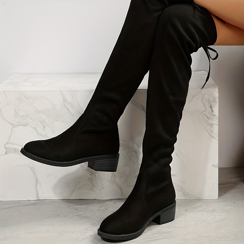 Women's Drawstring Over The Knee Boots, Round Toe Chunky Low Heeled Long  Boots, Comfortable Pull On Thigh High Boots
