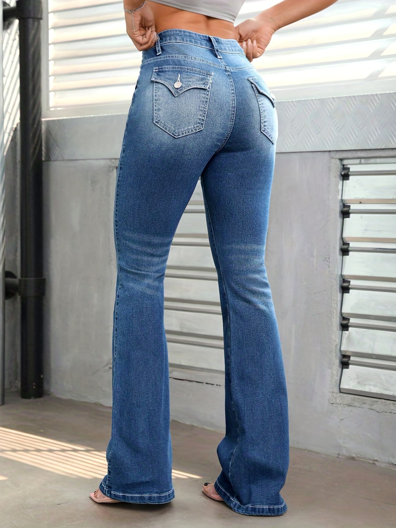 Retro Ladies Bell Bottom Flared Jeans Stretch Denim Pants Raw Hem Slit  Trousers