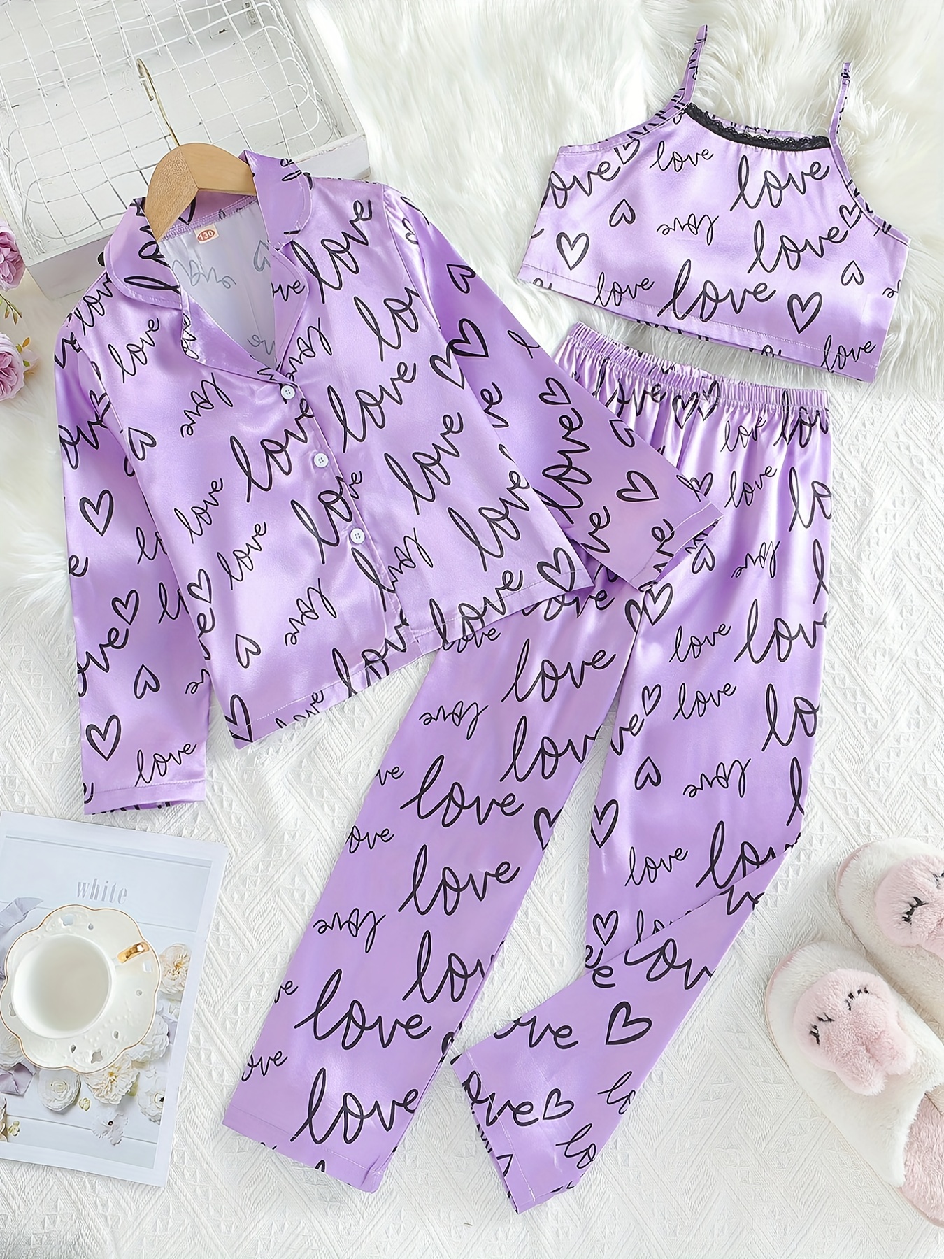 Floral Print Light Purple Pajamas Set Long Sleeve Blouse Top